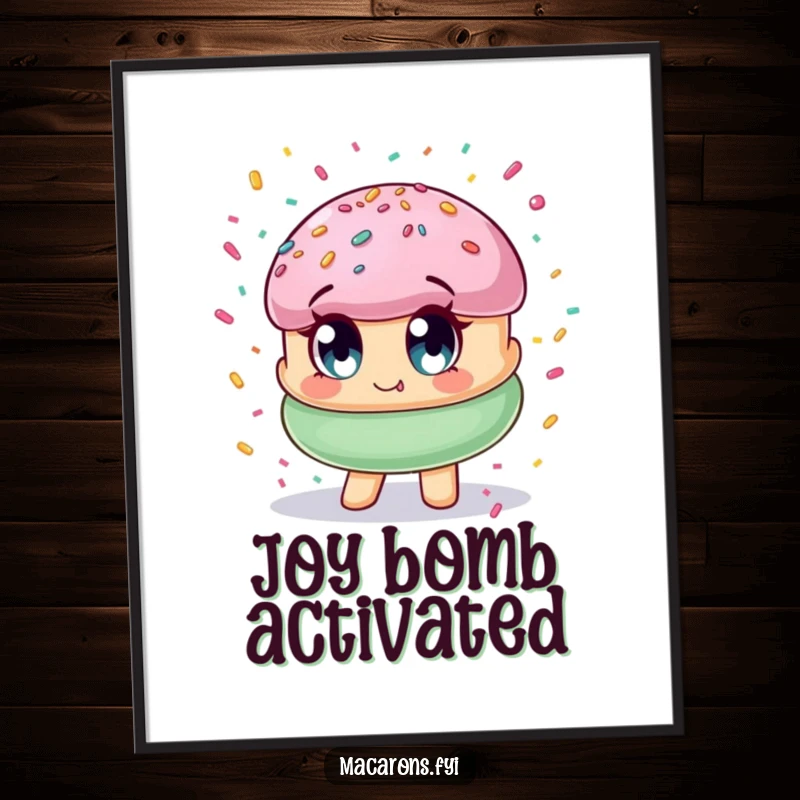 Funny macaron character with wide eyes, being showered by colorful confetti, creating instant cheerful and funny digital art.