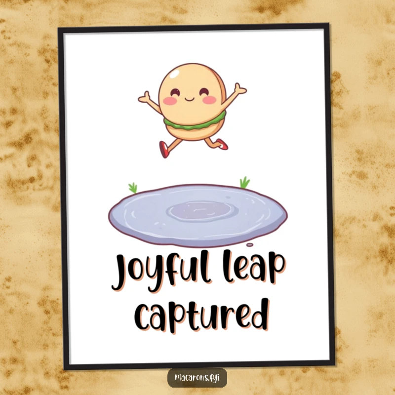 Funny digital art print of a single macaron character leaping joyfully over a tiny puddle, radiating optimistic energy.