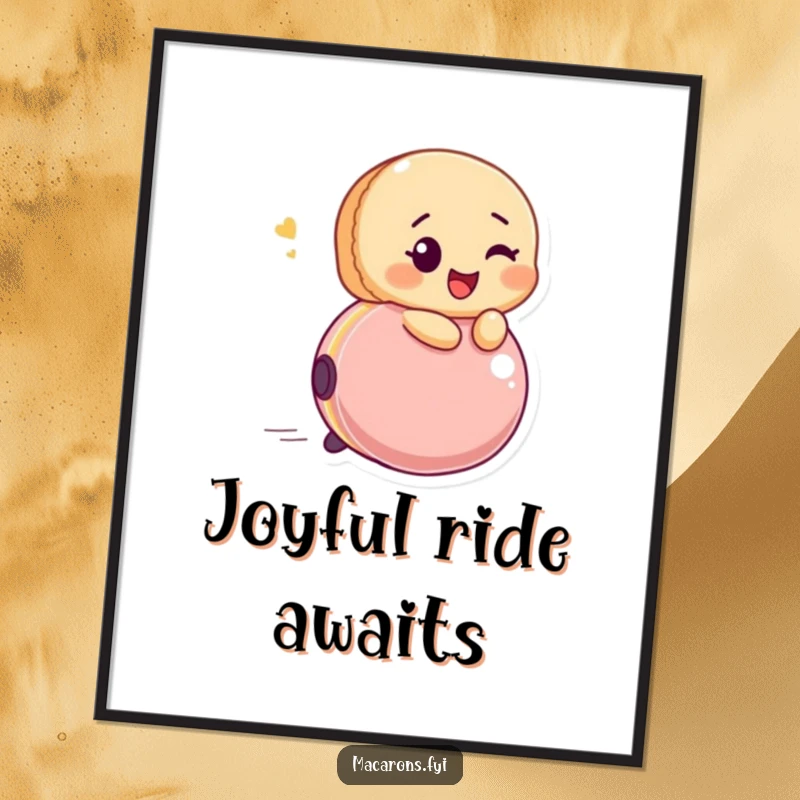 Funny macaron character winking, riding a bouncing ball with glee, creating instant playful and funny digital art.