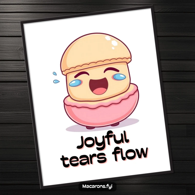 Funny macaron character laughing heartily with little joyful tears escaping, as a vibrant digital art print.