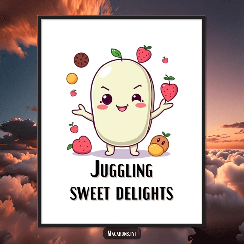 Funny Digital Art Print: A mischievous macaron character grins while juggling fruits, perfect for playful and fun wall art.