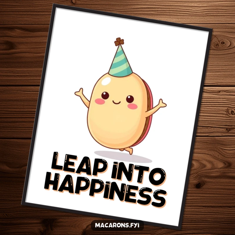 Funny digital art print of a cheerful macaron character in a party hat, captured in an exhilarating jumping pose.
