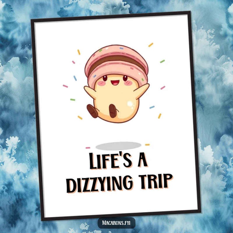 Funny macaron character mid-cartwheel, surrounded by a shower of sprinkles, presented as a vibrant and funny digital art print.