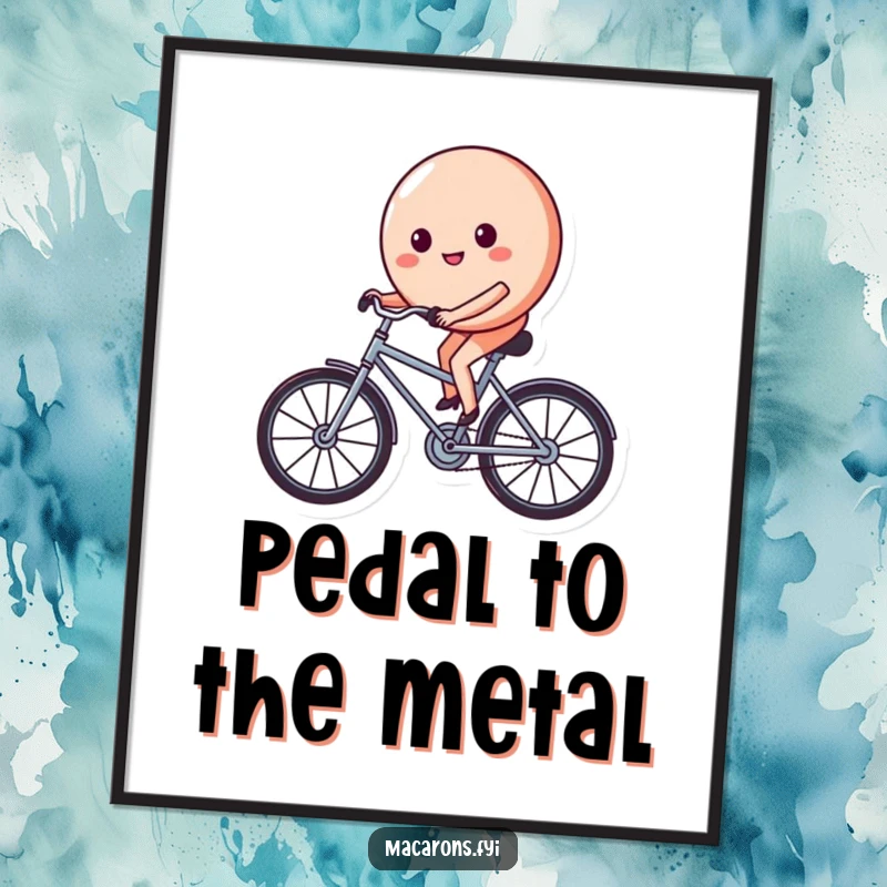 Funny macaron character on a tiny bicycle, pedaling with a determined and happy face, available as a downloadable digital art print.