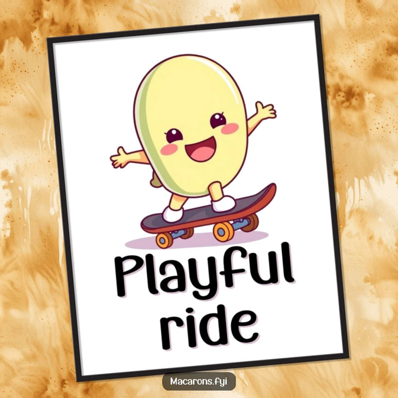 Funny macaron character on a skateboard, doing a trick, printable digital art with instant cool appeal.