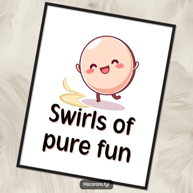 Funny macaron character doing a happy cartwheel, leaving a swirl of cream, creating instant playful and funny digital art.