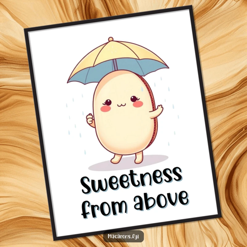 Funny macaron character holding a tiny umbrella, dancing in a sugar shower, creating instant whimsical and funny digital art.