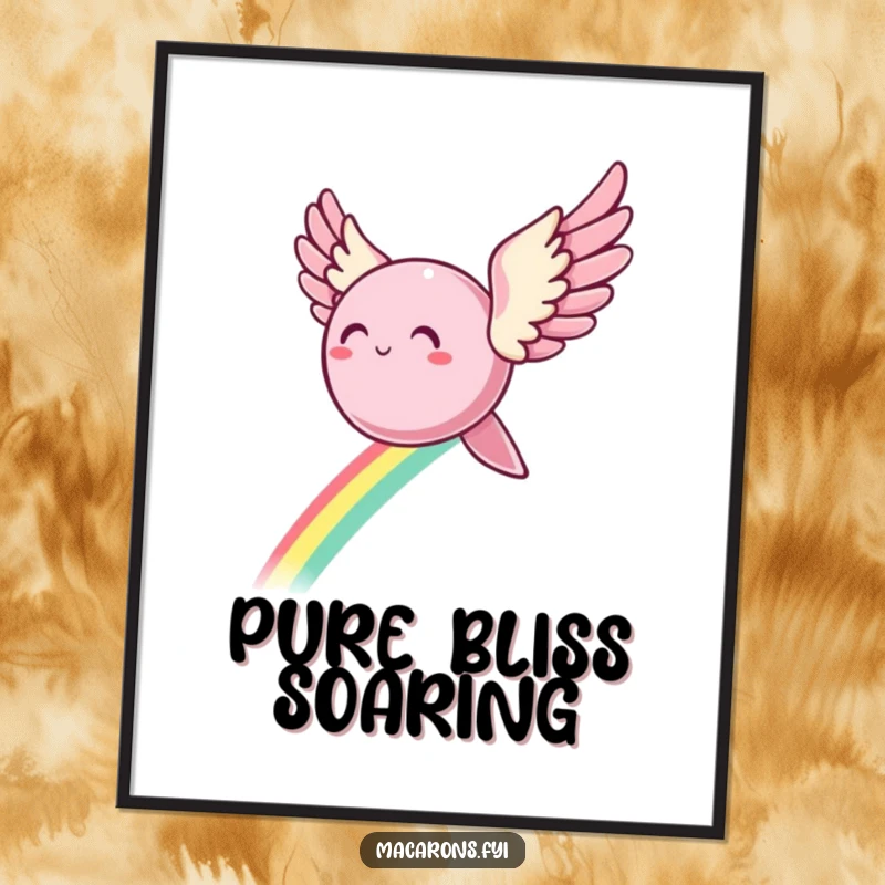 Funny Digital Art Print: A macaron character with wings flies majestically, leaving a vibrant rainbow trail, perfect for whimsical decor.