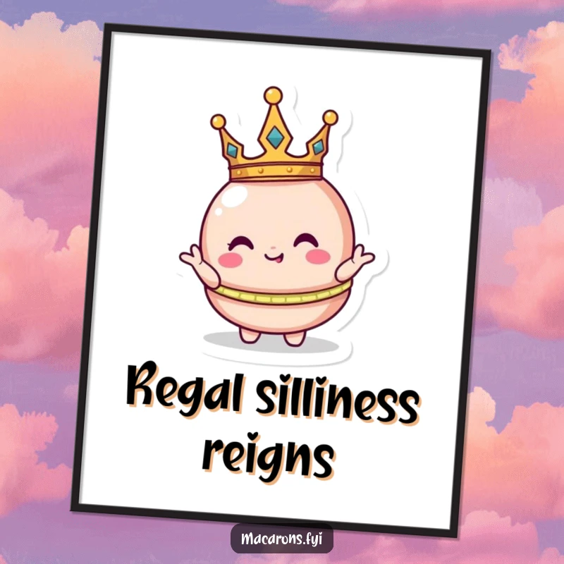 Funny macaron character wearing a tiny crown, striking a silly royal pose, available as a downloadable digital art print.