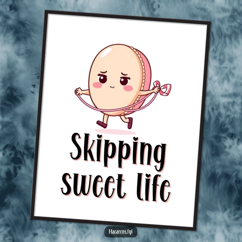 Funny macaron character focused on skipping rope with a licorice lace, captured in a high-resolution digital art print for instant wall decoration.