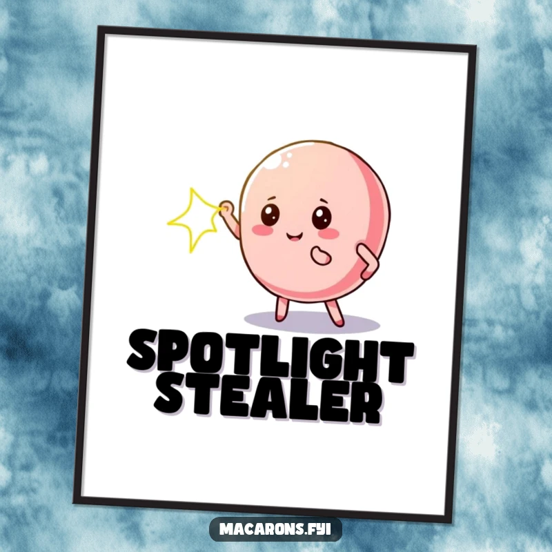 Funny macaron digital art print of a macaron character in a dramatic pose under a spotlight, high impact decor.