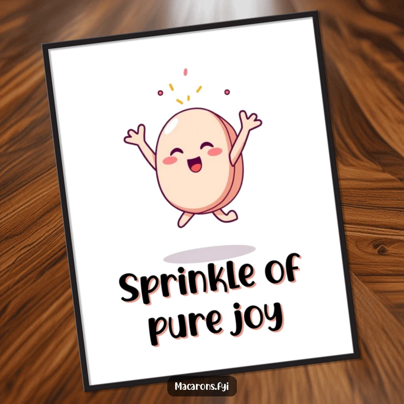 Funny Digital Art Print: A whimsical macaron character leaps with joy, arms reaching for a falling sprinkle, perfect wall decor.