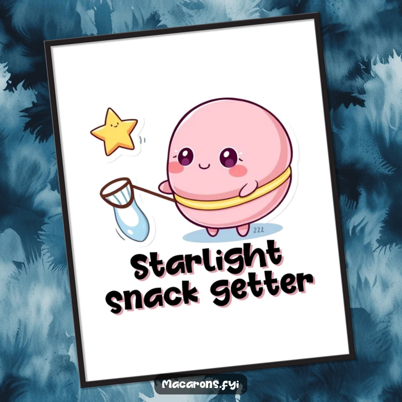 Funny macaron digital art print of a macaron character with sparkling eyes catching a floating star with a net, for instant magic.