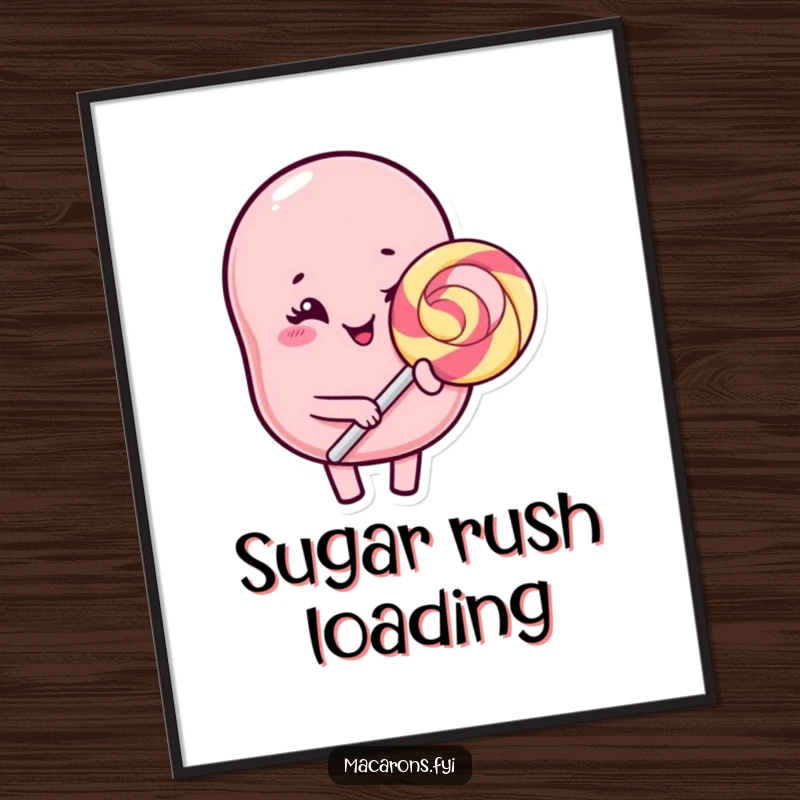 Funny Kawaii macaron character winking with a massive lollipop, a humorous and sweet digital art print.