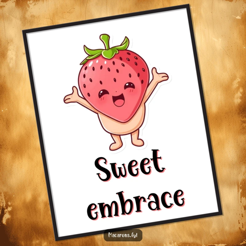 Funny macaron character with open arms embracing a giant strawberry in digital art, delivering sweet and humorous visuals.