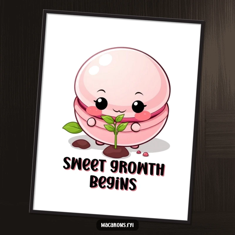 Funny macaron digital art print of a mischievous macaron planting a seed, ideal for instant whimsical decor.