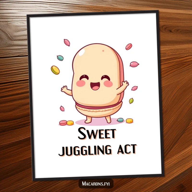 Funny Digital Art Print of a macaron character joyfully juggling colorful candies, perfect for instant sweet and playful decor.