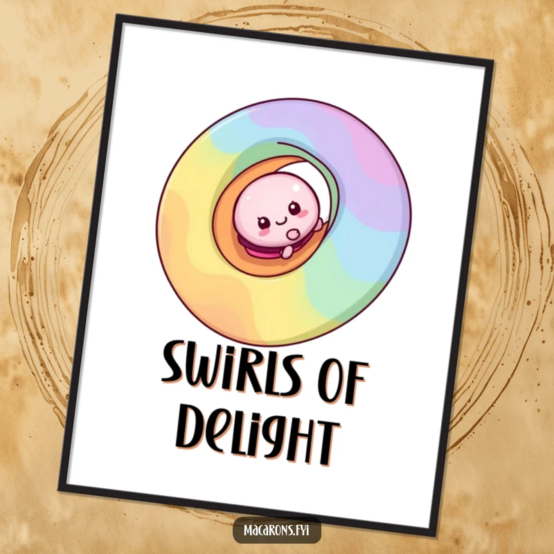 Funny macaron character captured in a playful slide down a vivid rainbow swirl, available as a downloadable digital art print.