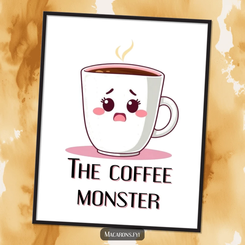 Funny Digital Art Print: A shocked macaron character peeks from behind a huge coffee cup, expressing surprise, perfect wall art.