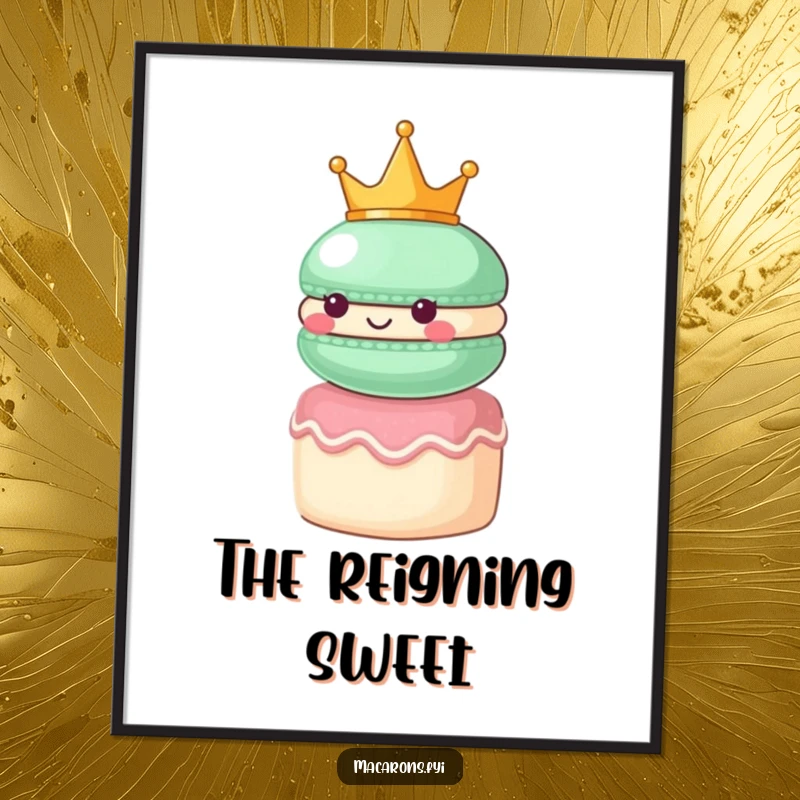Funny macaron character wearing a small crown, looking regal atop a tiny cake, as a majestic digital art print.