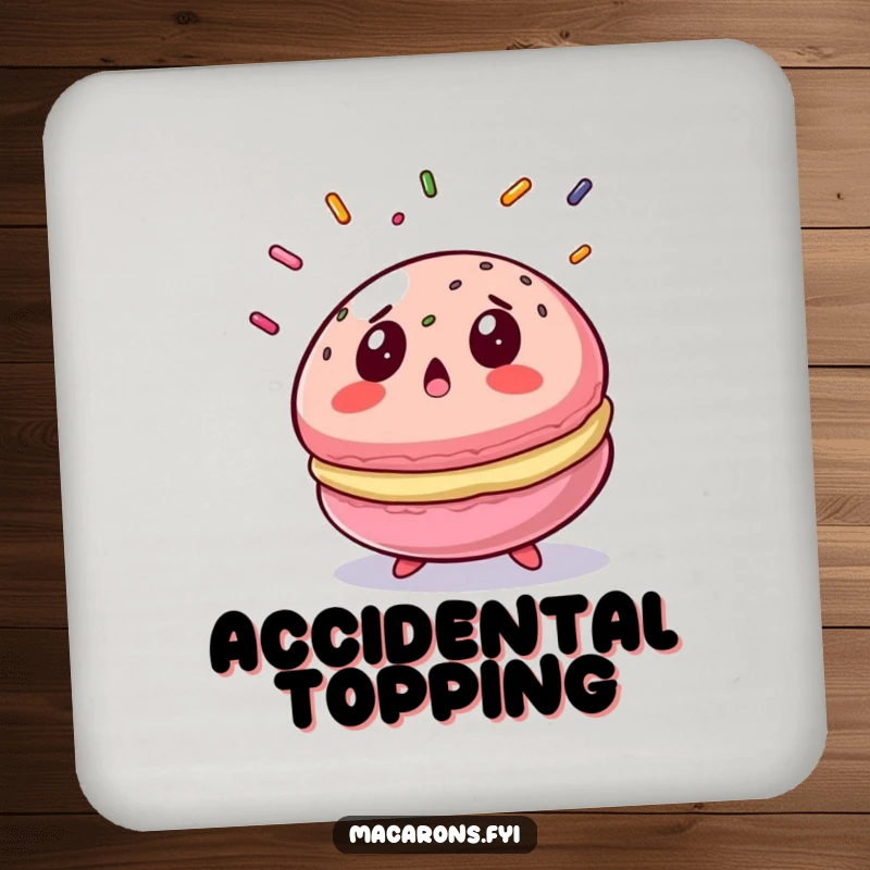 Funny macaron coaster showing a surprised macaron with a gasp at falling sprinkles, a humorous table accessory.