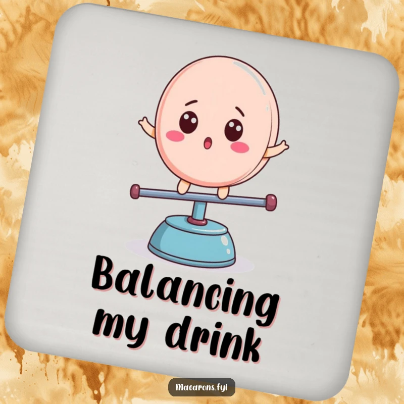 Funny macaron character with surprised expression, balancing on a teeter-totter, drink coaster, superb funny gift.