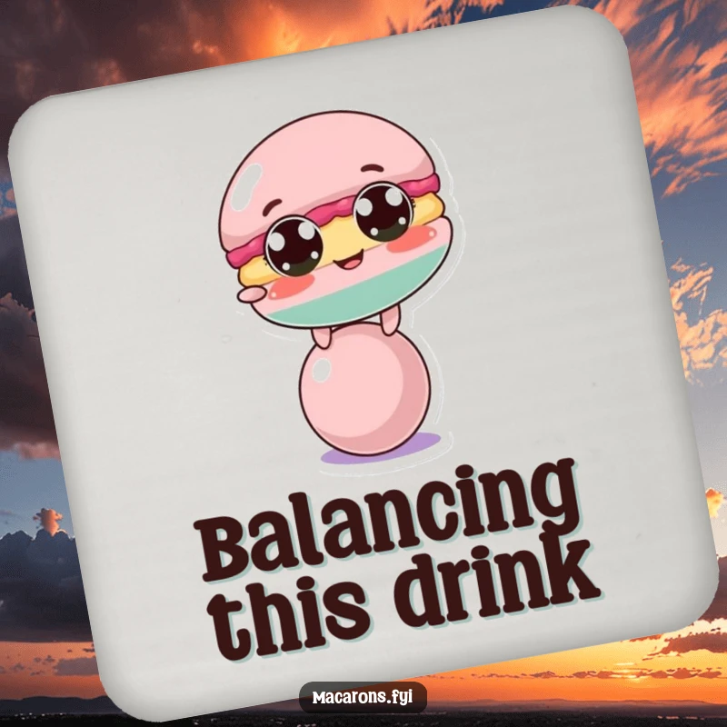 Funny macaron character comically balancing on a ball, perfect for protecting surfaces with a touch of funny art.
