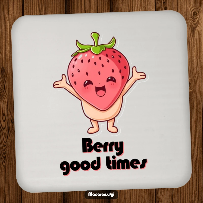 Funny macaron character hugging a giant strawberry on drink coasters, adding sweet humor to surfaces.