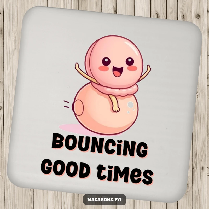 Funny peppy macaron character energetically riding a small bouncy ball, featured on a protective drink coaster for a touch of humorous energy.