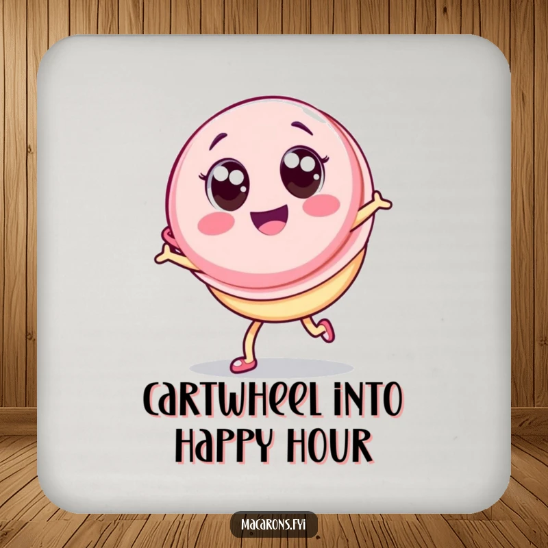 Funny Macaron Coaster: Charming Kawaii macaron character doing a joyful cartwheel, protecting surfaces with a smile.