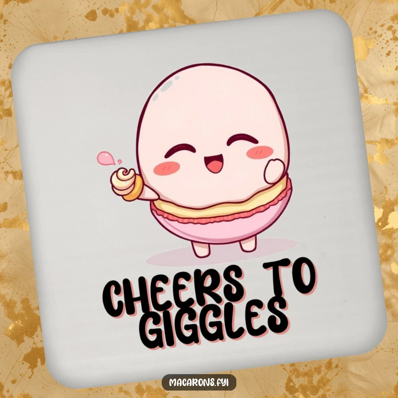 Funny macaron character giggling while being tickled by a tiny frosting swirl, drink coaster, superb funny gift.