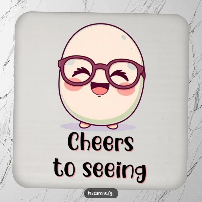 Funny macaron character giggling uncontrollably behind oversized, funny glasses on a protective drink coaster, adding cheerful decor.