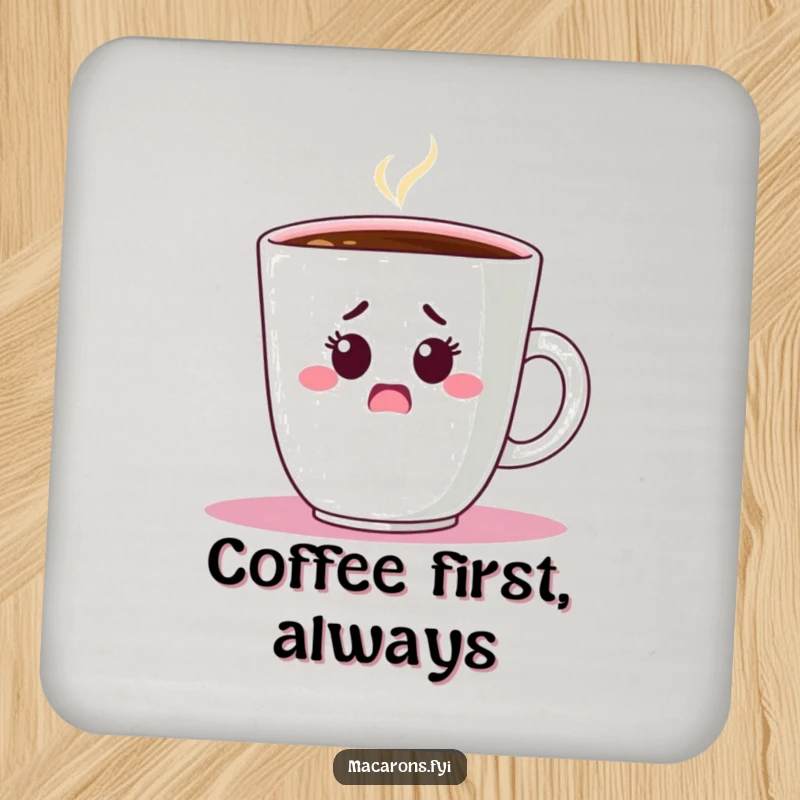 Funny Coaster: A surprised macaron character peeks from behind a giant coffee cup, adding a humorous touch to your table.