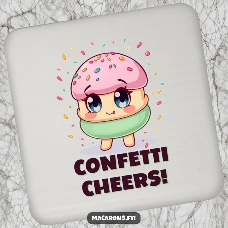 Funny macaron character with wide eyes, showered in confetti, protecting surfaces with sweet, cheerful, and funny designs.