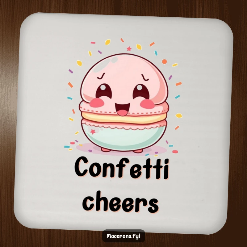 Funny macaron character laughing with wide eyes, showered by colorful confetti on a protective drink coaster.