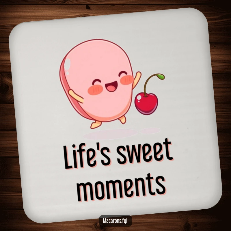 Funny coaster with a blushing macaron joyfully jumping to catch a tiny cherry, adding a sweet touch to any table.