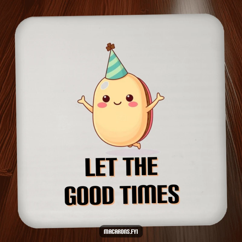 Funny macaron character wearing a party hat, joyfully jumping, featured on a protective drink coaster for a touch of humor.