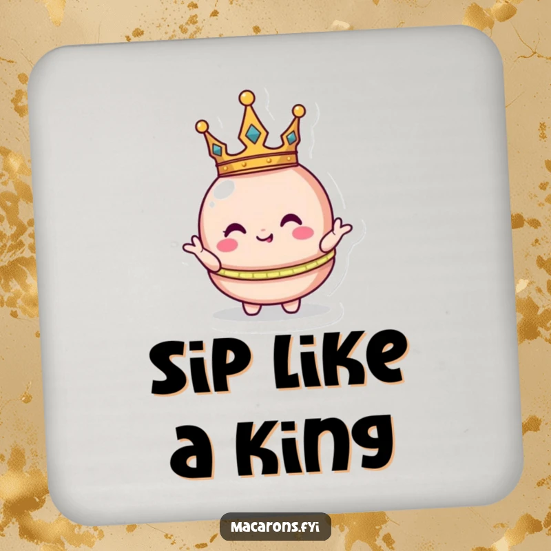 Funny macaron character with a tiny crown, striking a silly royal pose on a protective drink coaster for regal table decor.