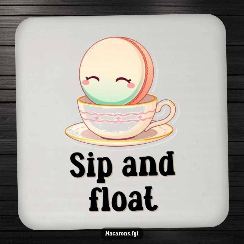 Funny Macaron Coaster featuring a serene macaron floating peacefully on a teacup.