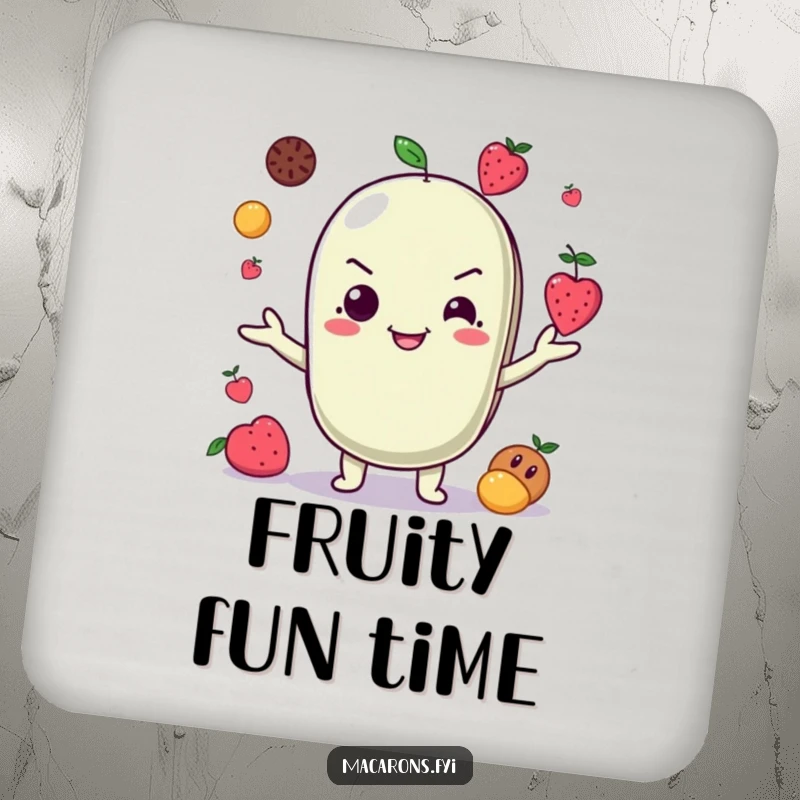 Funny Coaster: A grinning macaron character juggles small fruits, adding a touch of playful fun and protecting your table.