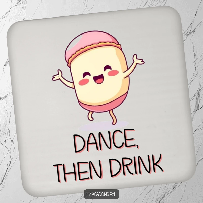 Funny Kawaii macaron character doing a silly dance, adding humor to protective drink coasters.