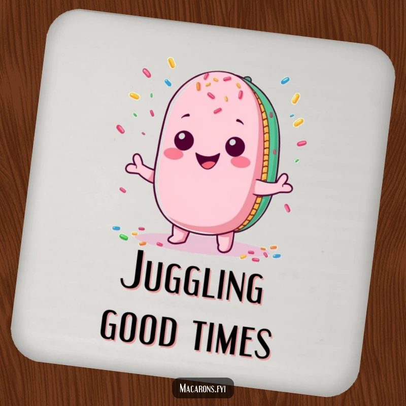 Funny Macaron Coaster: Cute Kawaii macaron character juggling colorful sprinkles, adding a touch of fun to drink protection.