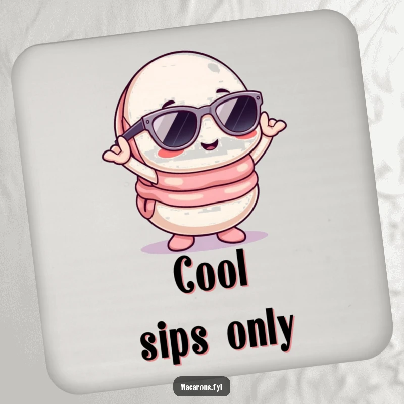 Funny Kawaii macaron character with sunglasses posing, adding cool humor to protective drink coasters.