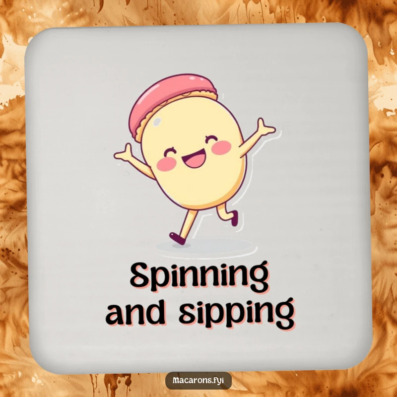 Funny macaron character doing a cartwheel with a wide grin on a drink coaster, a playful and humorous accessory.