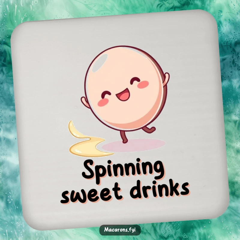 Funny macaron character doing a cartwheel, leaving a cream swirl, protecting surfaces with playful, creamy, and funny designs.