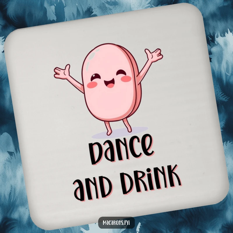 Funny macaron character doing a joyful, wobbly dance with arms outstretched, on a decorative drink coaster.