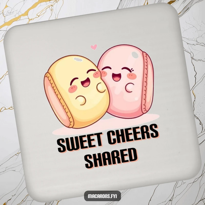 Two funny macaron characters giggling together on a drink coaster, a sweet and humorous accessory.