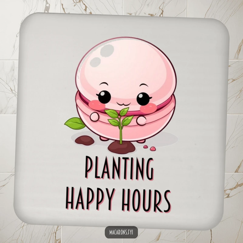 Funny macaron drink coaster with a mischievous macaron planting a seed, protecting surfaces with humor.