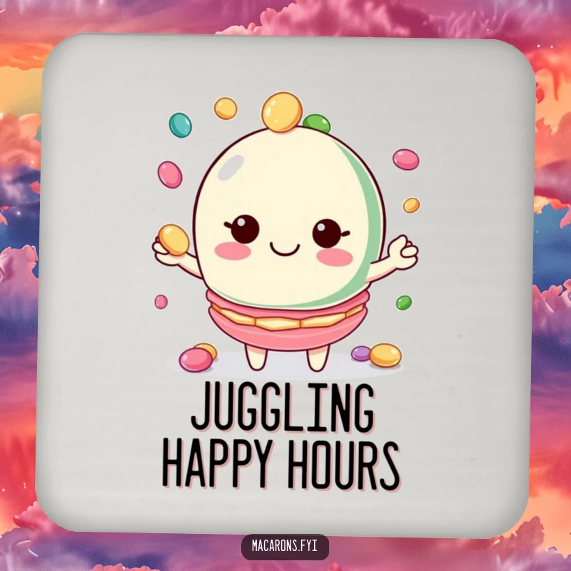 Funny macaron drink coaster with a smiling macaron character juggling colorful candies, protecting surfaces with fun.