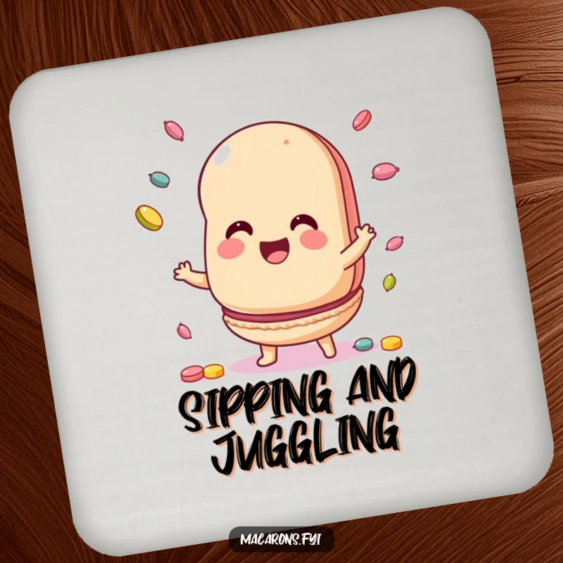 Funny Drink Coasters featuring a macaron character juggling colorful candies, adding a sweet and fun touch to protect surfaces.